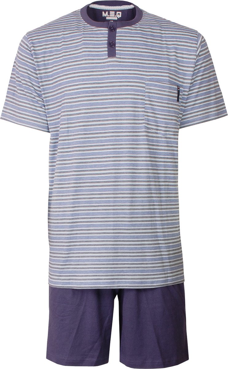 MEQ Heren Shortama - Pyjama Set - Borstzakje - Strepen - Blauw - Maat S