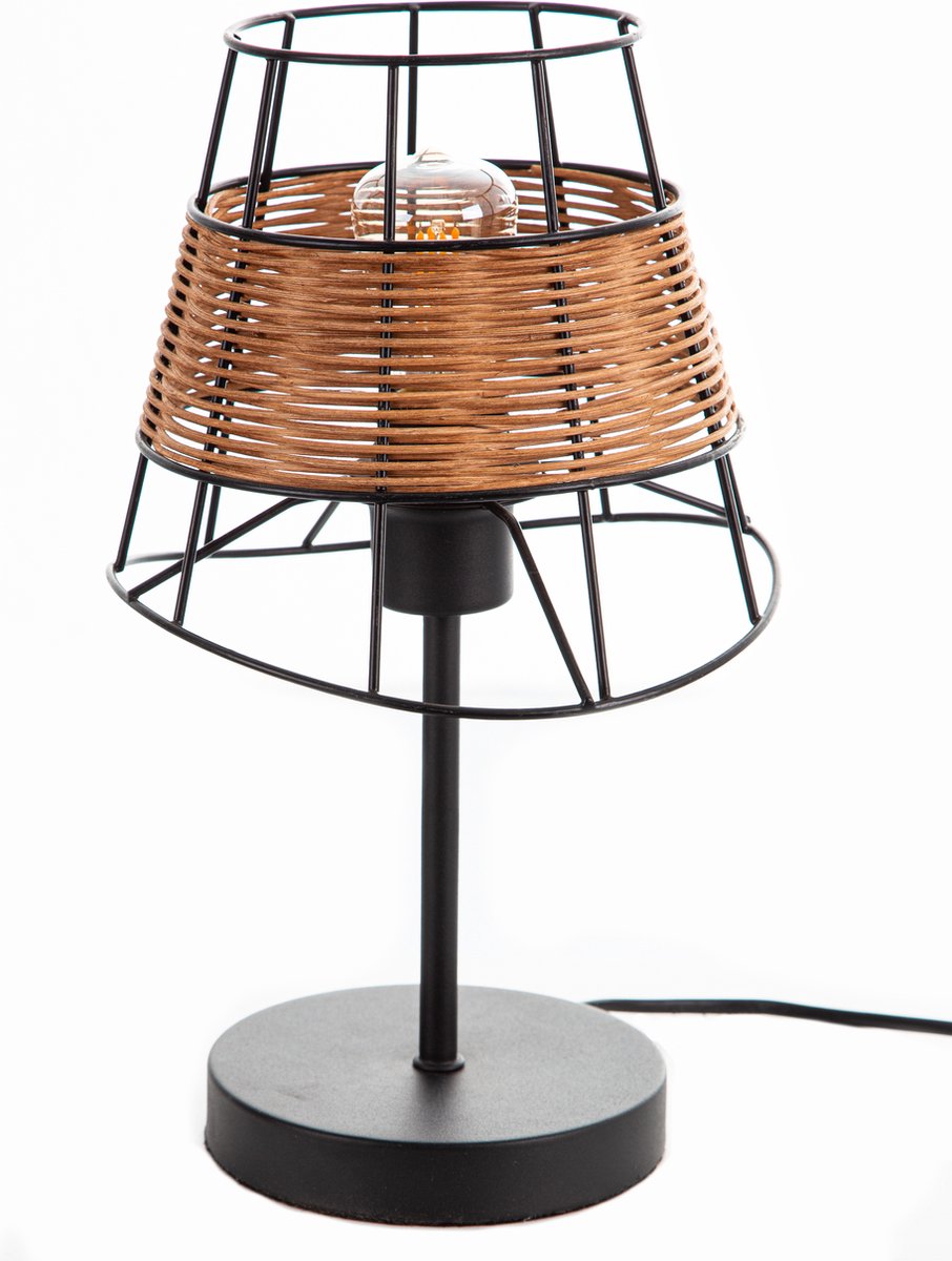 Tafellamp rotan bijzetlamp zwart woonkamerlamp retro bureaulamp, metaal zwart, 1x E27 fitting, DxH 20x35 cm