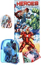 Marvel Avengers pakket - 4-delig - Strandlaken + zwemboxer + pet + GRATIS TAS - wit/rood - Maat 116 (6 jaar)