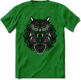 Uil - Dieren Mandala T-Shirt | Roze | Grappig Verjaardag Zentangle Dierenkop Cadeau Shirt | Dames - Heren - Unisex | Wildlife Tshirt Kleding Kado | - Donker Groen - M