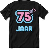 75 Jaar Feest kado T-Shirt Heren / Dames - Perfect Verjaardag Cadeau Shirt - Licht Blauw / Licht Roze - Maat L