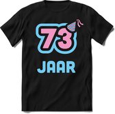 73 Jaar Feest kado T-Shirt Heren / Dames - Perfect Verjaardag Cadeau Shirt - Licht Blauw / Licht Roze - Maat M