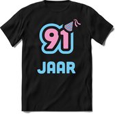 91 Jaar Feest kado T-Shirt Heren / Dames - Perfect Verjaardag Cadeau Shirt - Licht Blauw / Licht Roze - Maat 9XL