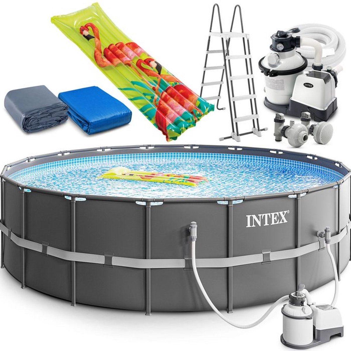Intex Zwembad Ultra Frame opzetzwembad | 549 x 132 cm | Inclusief Pomp + Ladder + Grondzeil + Dekzeil + Aquaswan opblaasbare speelgoed | Complete set | Intex zwembad ultra frame
