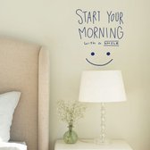 Stickerheld - Muursticker "Start your morning with a smile" Quote - Slaapkamer - inspirerend - Engelse Teksten - Mat Donkerblauw - 32.7x27.5cm