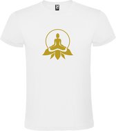 Wit T shirt met print van " Boeddha in cirkel op lotusbloem " print Goud size L