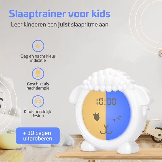 Witte schaap wekker toont 10:00 uur, met dag/nacht indicatie, nachtlampje en kindvriendelijk design. Iconen: zon, lampje, schaap.