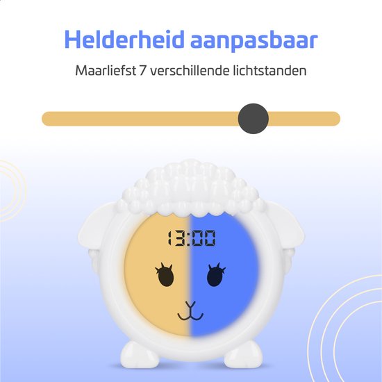 Witte schaap wekker met een gele en blauwe wijzerplaat die 13:00 uur aangeeft. Regelaar voor helderheid.