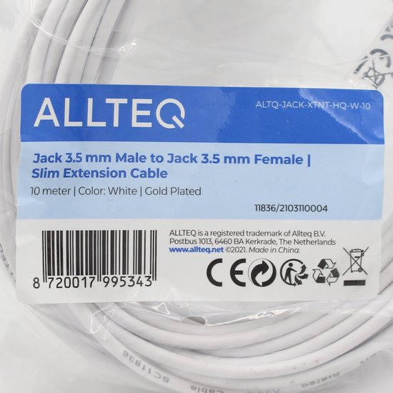 Allteq jack 3.5 mm male to female slim extension cable, 10 meter, wit, verguld. Verpakt met tekst: ALLTEQ, ALTO-JACK-XTNT-HQ-W-10.