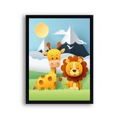 Poster Giraf en leeuw met berg en zonnetje midden - dieren van papier / Jungle / Safari / Dieren Poster / Babykamer - Kinderposter 30x21cm