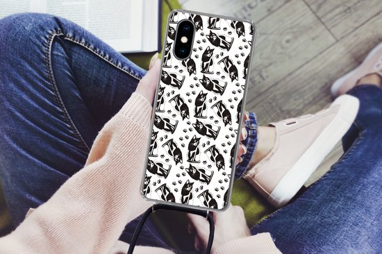 Coque avec cordon iPhone X - Motifs - Chat - Zwart - Wit - Garçons - Filles - Enfants - Enfant - Siliconen - Bandoulière - Coque arrière avec cordon - Coque pour téléphone avec cordon - Etui avec corde