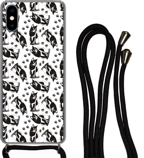 Coque avec cordon iPhone X - Motifs - Chat - Zwart - Wit - Garçons - Filles - Enfants - Enfant - Siliconen - Bandoulière - Coque arrière avec cordon - Coque pour téléphone avec cordon - Etui avec corde