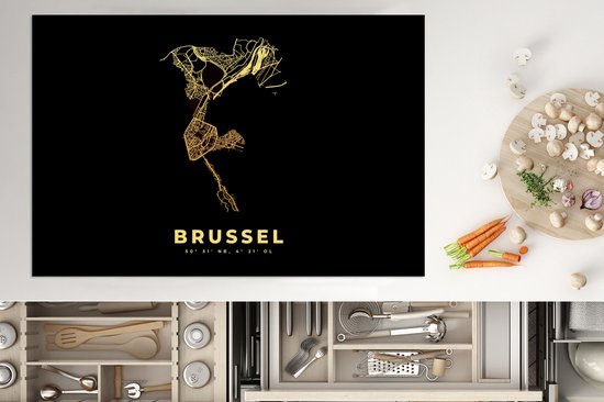 KitchenYeah® Inductie beschermer 78x52 cm - Plattegrond – Kaart - België - Brussel – Stadskaart - Goud - Kookplaataccessoires - Afdekplaat voor kookplaat - Inductiebeschermer - Inductiemat - Inductieplaat mat
