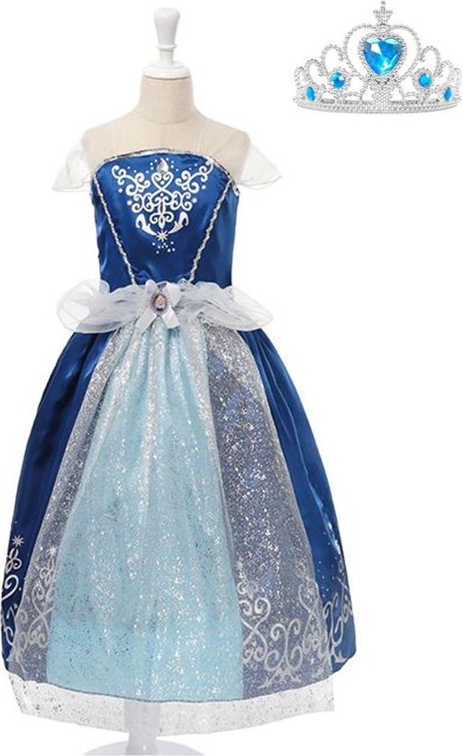 Assepoester jurk Sprookjes jurk Prinsessen jurk verkleedjurk 128-134 (140) donker blauw met kroon meisje