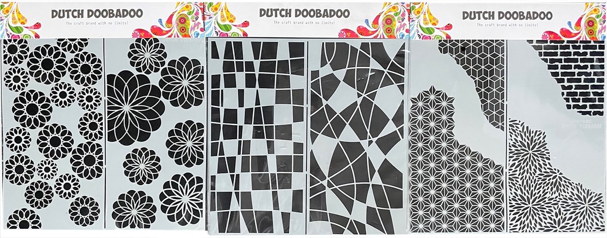 Dutch Dubbadoo Mask Art Slimline stencils - sjablonen - Flowers, Mosaic Line, Cracked Patterns - Bloemen, Mozaiek, Craqueler Patronen
