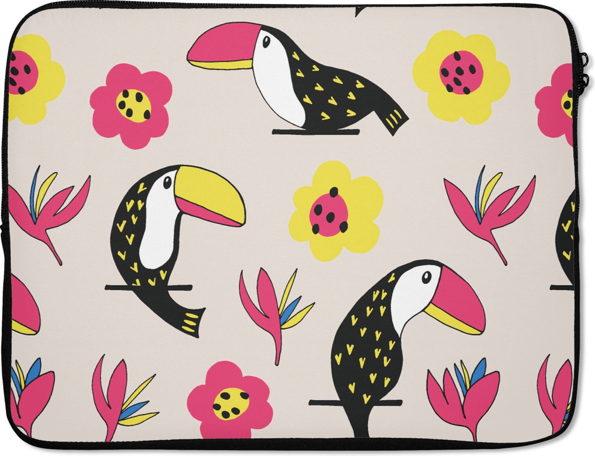 Laptophoes 15.6 inch - Patronen - Vogel - Bloemen - Laptop sleeve - Binnenmaat 37x26 cm - Zwarte achterkant