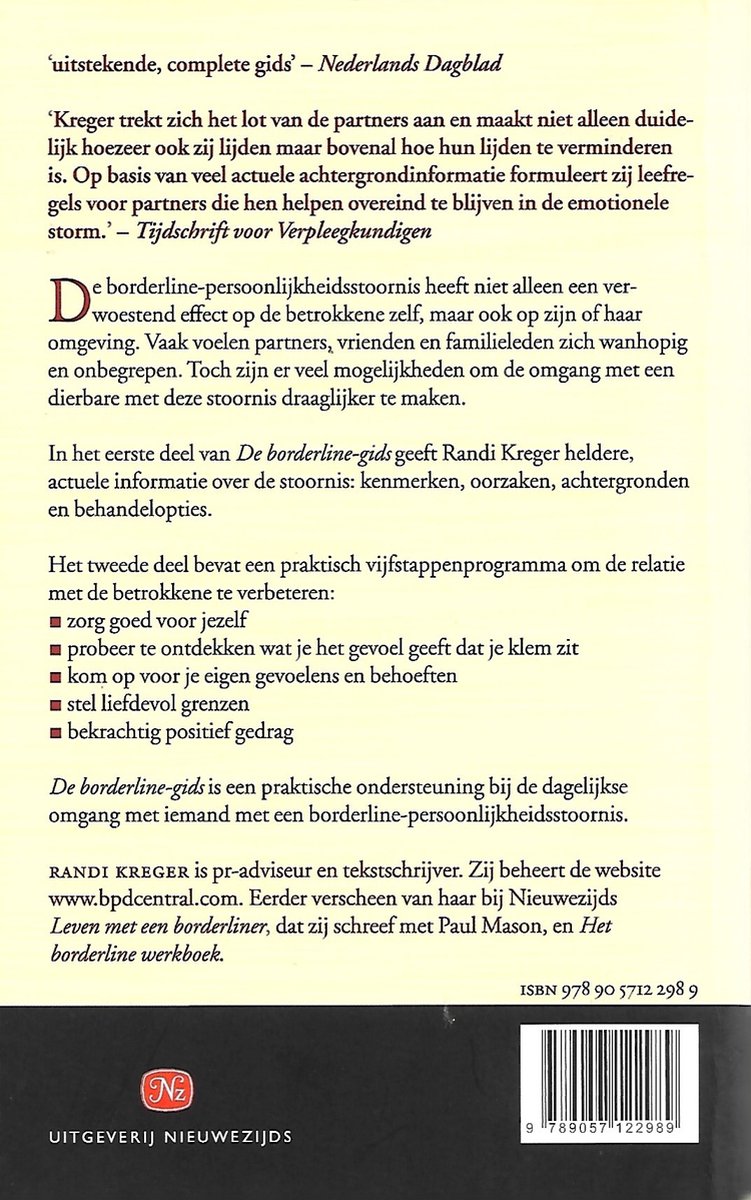 Achterpagina van "De borderline-gids" met een samenvatting en ISBN.