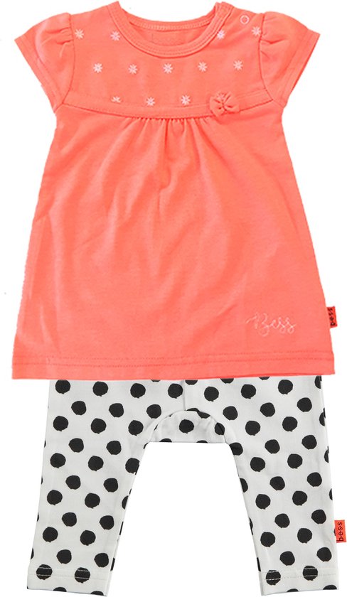 BESS - kledingset - 2delig - Jurkje Coral Oranje geborduurd - Legging wit met dots - Maat 62