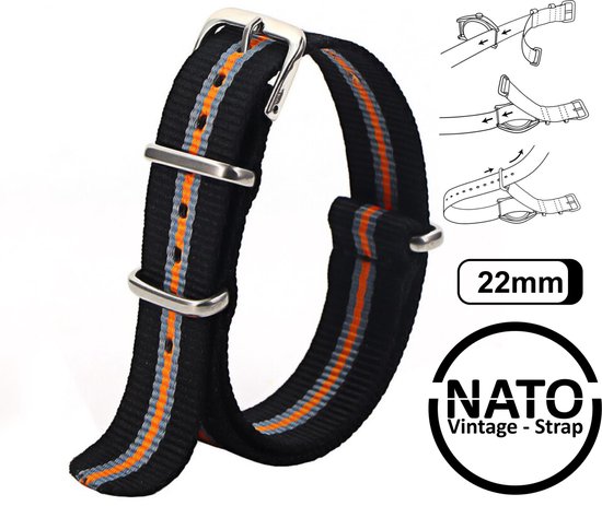 22mm Premium Nato Strap Zwart Oranje Grijs - Vintage James Bond - Nato Strap collectie - Mannen - Horlogeband - 22 mm bandbreedte voor oa. Seiko Rolex Omega Casio en Citizen
