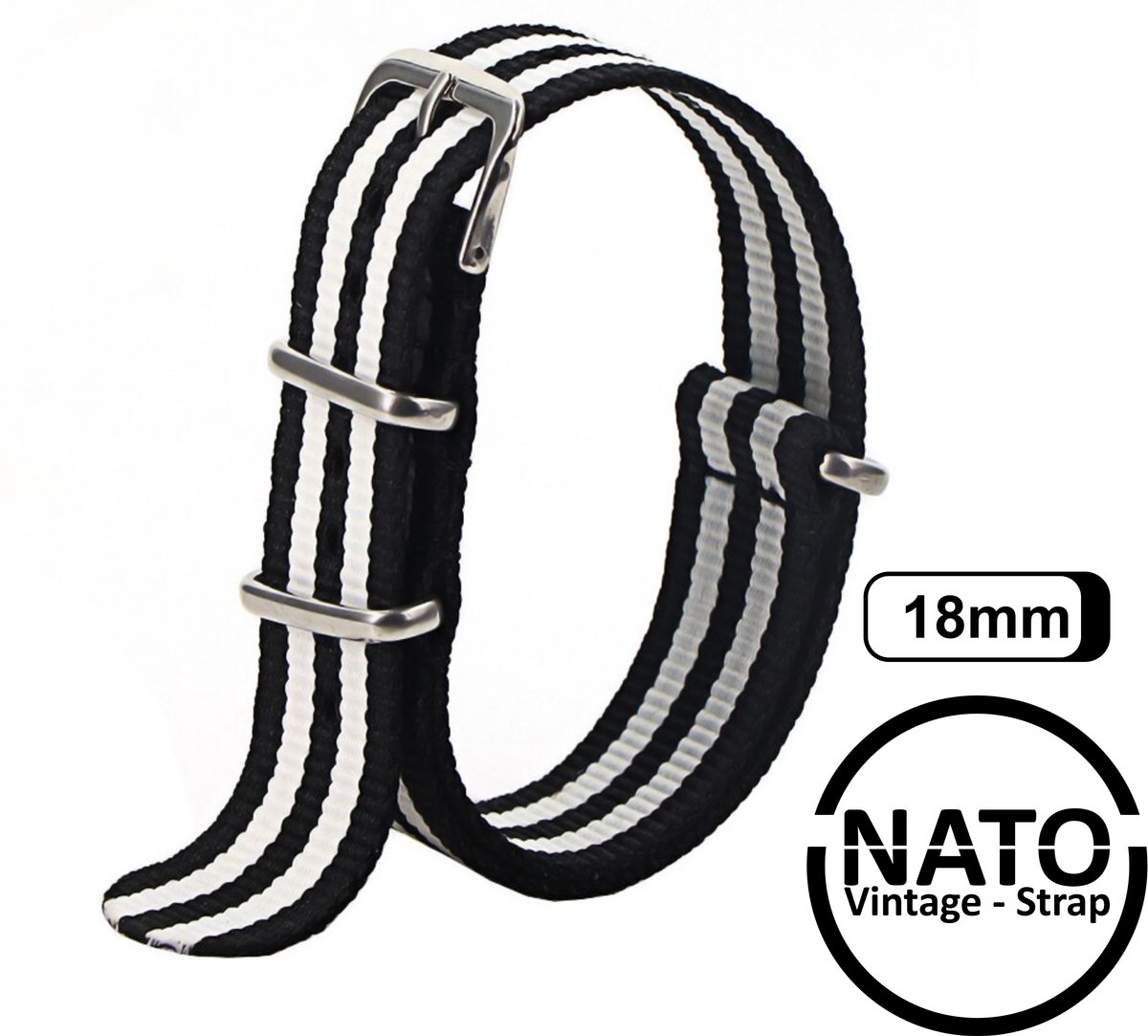 18mm Premium Nato Strap Zwart Wit Gestreept - Vintage James Bond - Nato Strap collectie - Mannen - Horlogeband - 18 mm bandbreedte voor oa. Seiko Rolex Omega Casio en Citizen