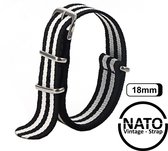 Bracelet Nato Premium 18 mm Zwart Wit Rayé - Vintage James Bond - Collection Nato Strap - Homme - Bracelet de montre - Largeur de bande 18 mm pour par ex. Seiko Rolex Omega Casio et Citizen