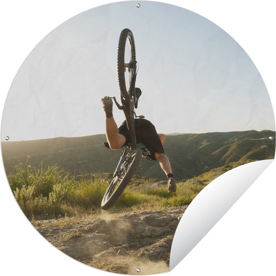 Tuincirkel Persoon valt van de mountainbike - 150x150 cm - Ronde Tuinposter - Buiten
