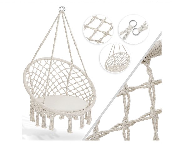 KESSER® Hangstoel 150 kg met 2 stalen ringen zitkussen gevlochten franjes hangstoel schommelmand tuin indoor weerbestendig waterafstotend beige