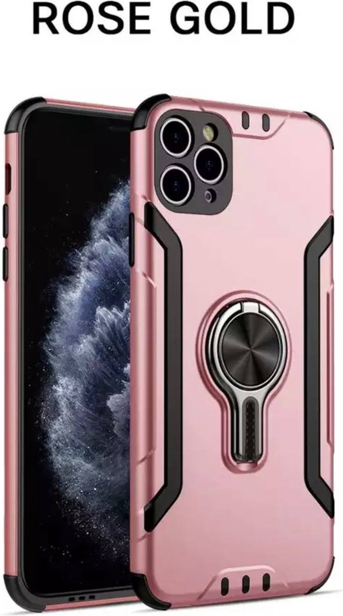 Iphone 12 Pro Max Volledige Bescherming - Bumper - Schokbestendig - Magnetische Metalen Vinger Ring Stand - Back Case - Rose Gold