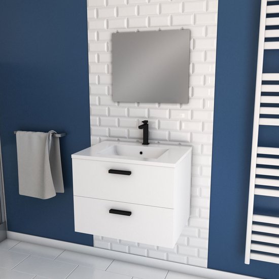 Meuble de salle de bain suspendu blanc Aurlane 60 cm H46xL60xP45cm - avec tiroirs - vasque et miroir - BOX-IN 60 WHITE