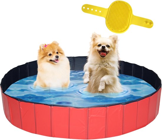 Lendo - Hondenzwembad Ø160x30cm - Bad voor honden - Hondenbad - Dierenzwembad - Opzetzwembad - inklapbaar - PVC - Rood / Blauw- Inclusief Hondenborstel Kam