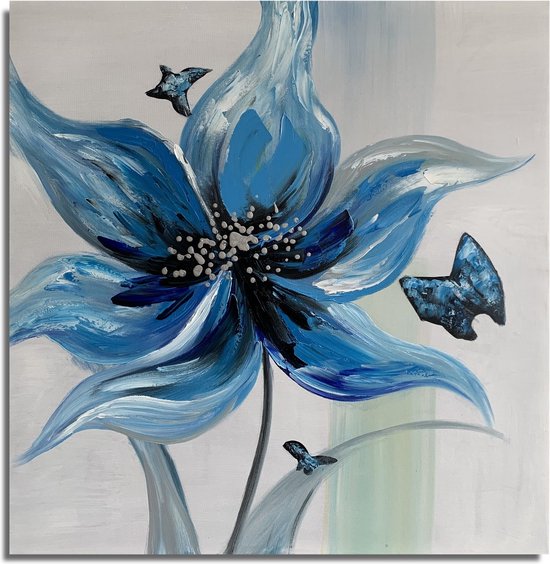 Tableau fleur et papillons bleu 75 x 75 - Artello - tableau peint à la main avec signature - 700+ collection Artello tableaux
