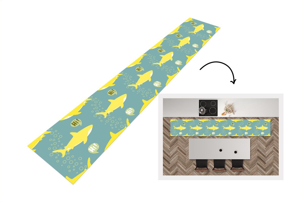 KitchenYeah Keukenloper - Keukenmat - Haai - Cartoon - Geel - Patronen - Tiener - Keuken vloerkleed Multicolor