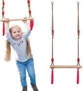 Houten schommelstoel, met plastic ringen - multifunctionele houten trapeze voor kinderen - Gymnastiek - Sport -  Voor maximaal gewicht 190 kg (rood)