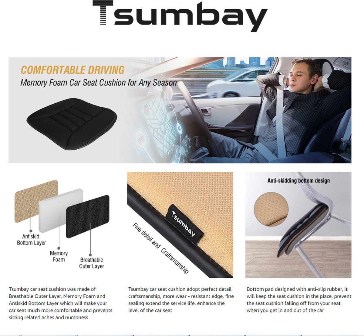 Tsumbay-housse de siège de voiture antidérapante-coussin de siège en mousse  à mémoire