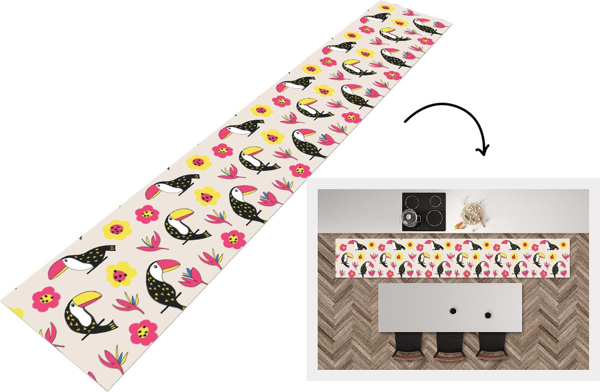 KitchenYeah Keukenloper - Keukenmat - Patronen - Vogel - Bloemen - 360x60 cm - Keuken vloerkleed Multicolor
