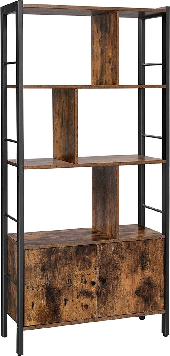 A.T. Shop Boekenkast, boekenkast met 4 open planken, staand rek, ruime woonkamerkast, keuken, kantoor, stalen frame, industrieel design, vintage bruin-zwart