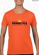PRINSES PILS damesshirt - Oranje met zwart - Maat L - Korte mouwen - Ronde hals - Regular Fit - Grappige teksten - Leuke shirts - Humor - Quotes - Kwoots - Cadeau - Koningsdag - Wi