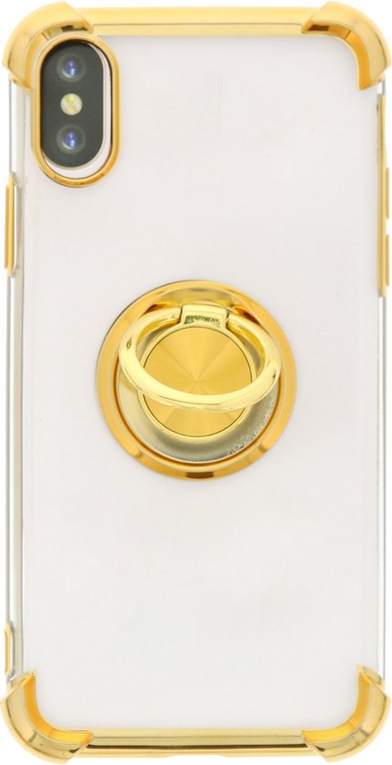 Hoesje Geschikt voor iPhone X hoesje silicone met ringhouder Back Cover case - Transparant/Goud