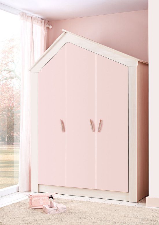 Cento Pink 3-deurs kledingkast roze huisje meisjeskamer - schappen - hanggedeelte