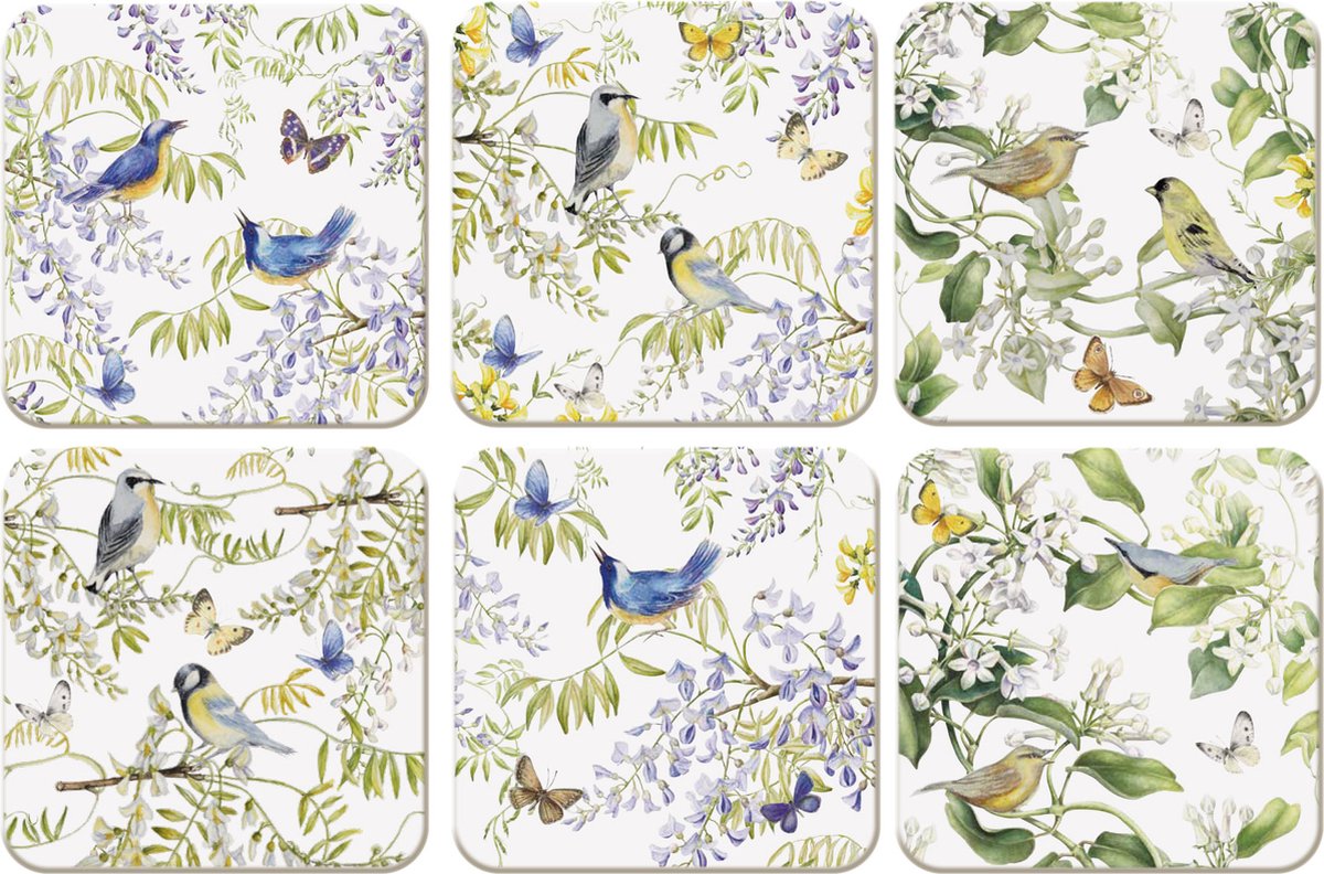 Bekking & Blitz - Onderzetters - 6 stuks - Kunst - Botanische kunst - Bloemen - Vogels - Vogels in blauweregen - Janneke Brinkman