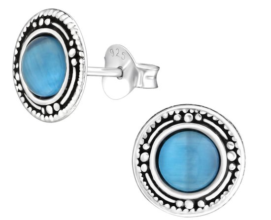 Joy|S - Zilveren Bali oorbellen - blauw - 9 mm - blue chalcedony