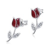 Joy|S - Zilveren tulp oorbellen - bordeaux rood - 7 x 15 mm - bloem oorknoppen