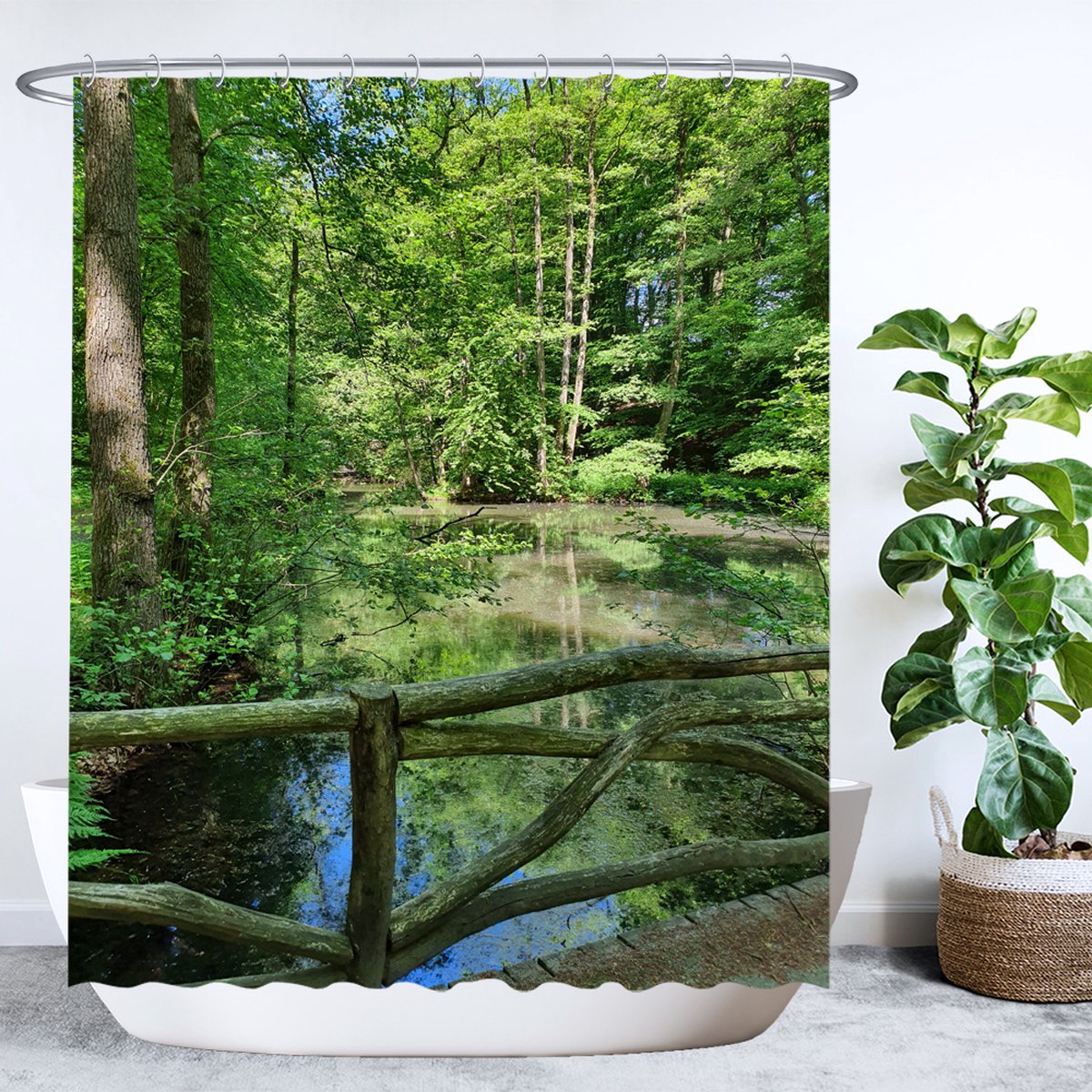 Ulticool Douchegordijn - Natuur Brug Water - 180 x 200 cm - met 12 Ringen Wit - semi Transparant - anti Schimmel - Groen