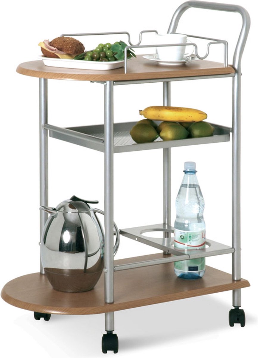 Keukentrolley – Grijs en bruin metaal met flessenhouder – Verrijdbare serverwagen – 83 cm hoog, 65 cm breed, 37 cm diep