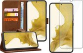 Hoesje geschikt voor Samsung Galaxy S22 Plus - Book Case Leer Wallet Cover Portemonnee Pasjeshouder Hoes Bruin - Tempered Glass Screenprotector