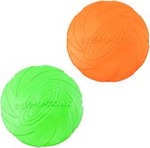 2 Stuks - Zachte Frisbee -  Vliegende Schotel voor Honden - Natuurlijk Rubber - Kauwspeelgoed - Geschikt voor Interactief Buiten Spelen - Oranje / Groen - 18cm