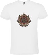 Wit T-shirt met Grote Mandala in Donker Rood, Bruin en Blauwe kleuren size M