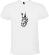 Wit T-shirt met Peace teken hand in Zwart en Wit size S