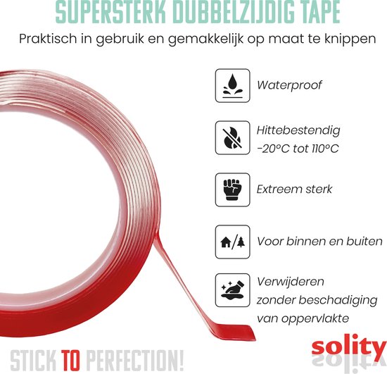 SOLITY® Dubbelzijdig Tape - Montagetape - Extra Sterk - Inclusief Extra’s - Transparant - 5m x 10mm - SOLITY