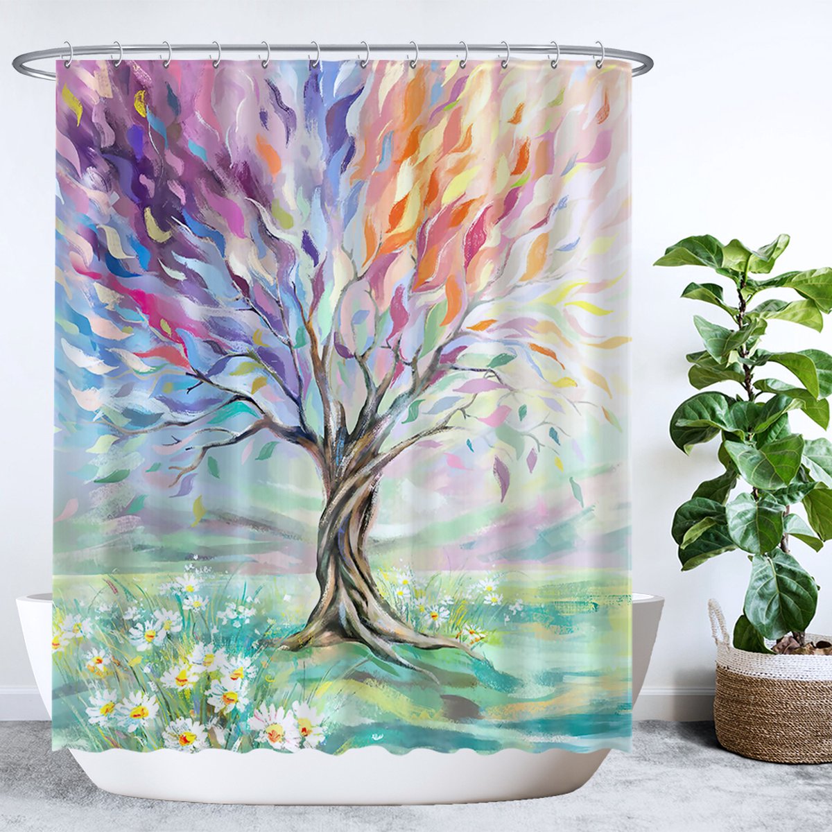Ulticool Douchegordijn - Boom Tree of Life - 180x200 cm - semi Transparant - met 12 Ringen Wit - anti Schimmel - Paars Oranje Blauw Groen
